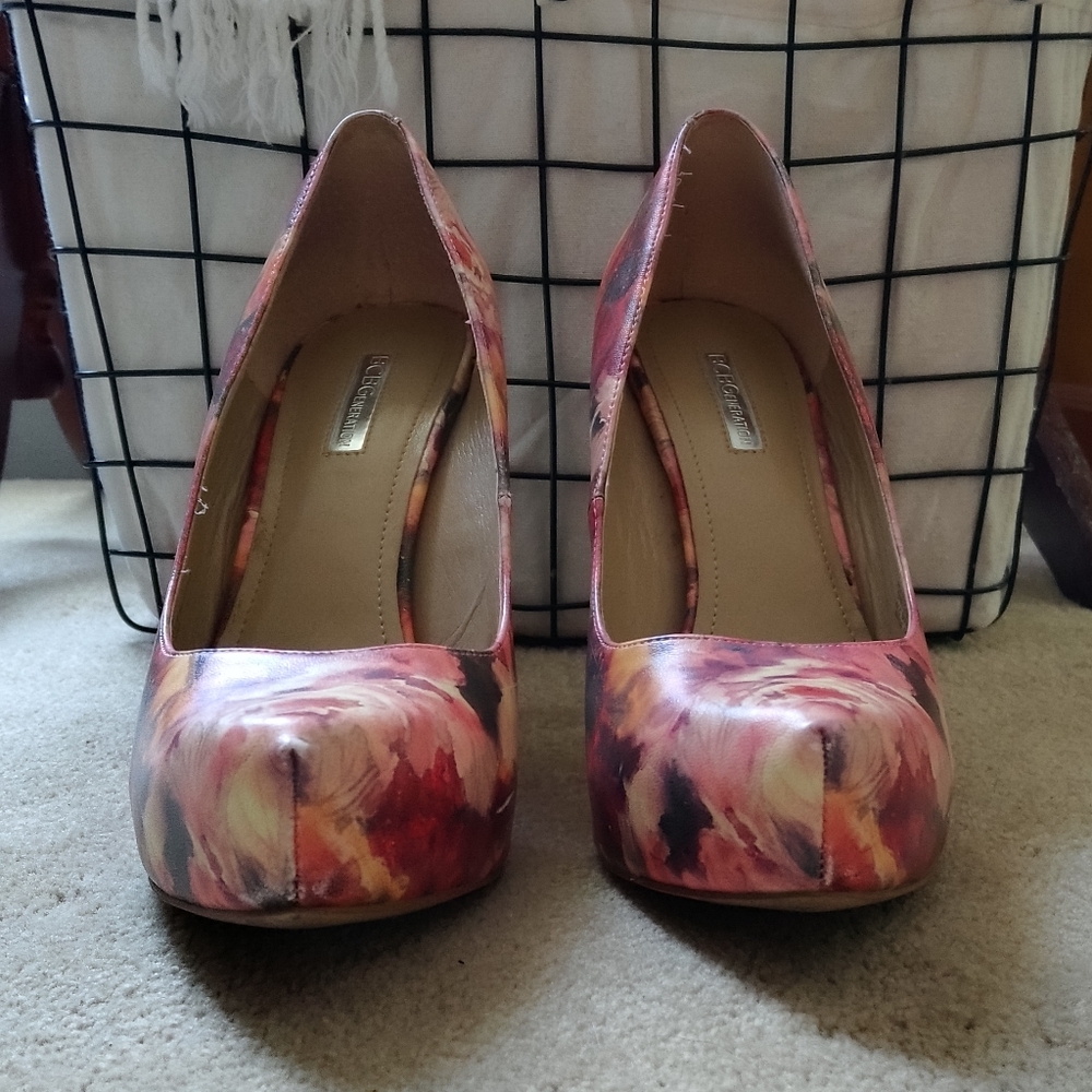 Almond toe, pink floral, hidden platform Heels